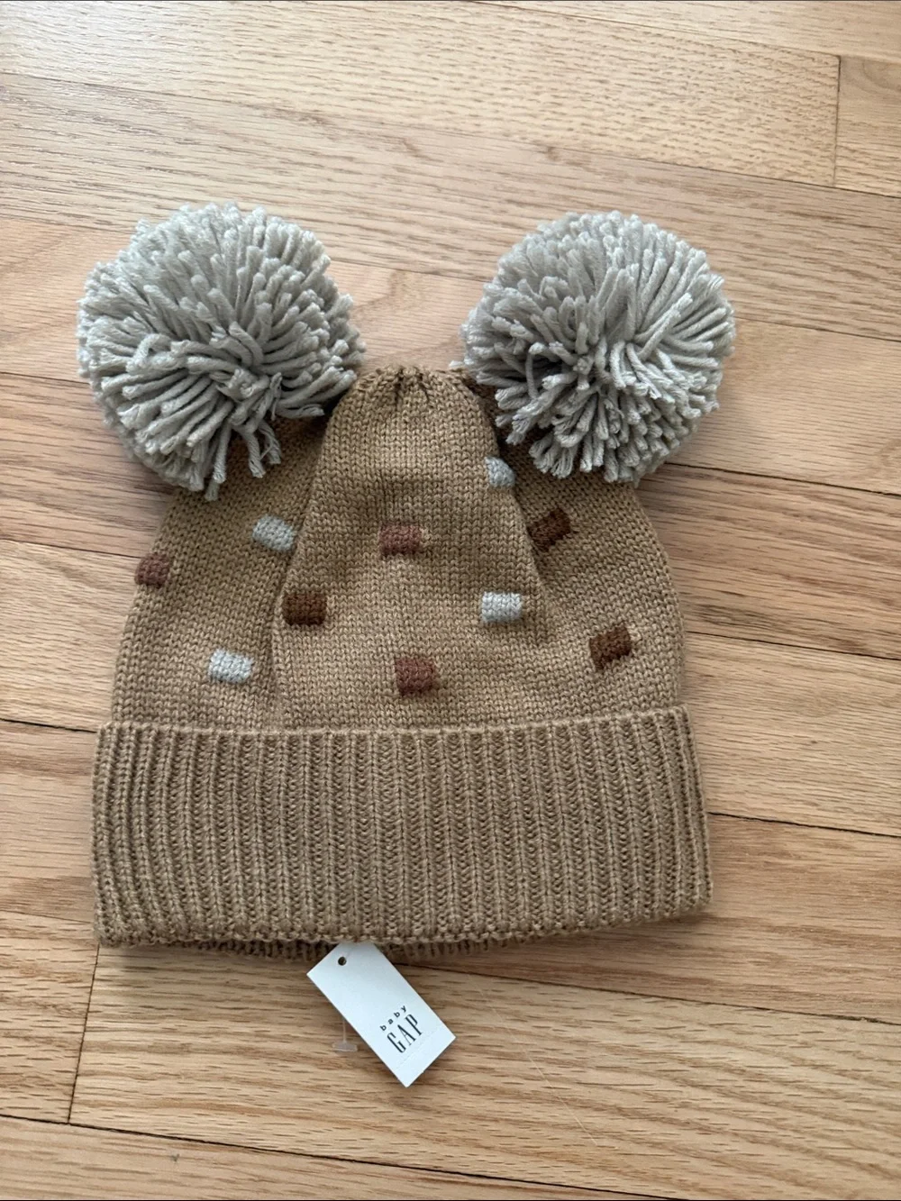 GAP Kids S/M Double Pom Beanie in Tan with Cream Poms